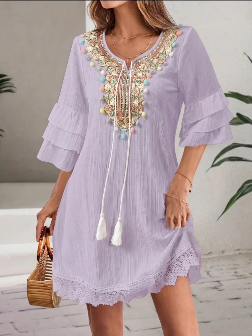 Lavender Embroidered Pom-Pom Tunic Dress